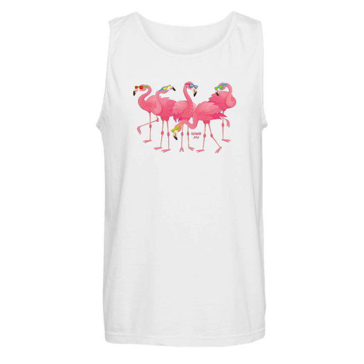White tank top with pink flamingo design on a white background