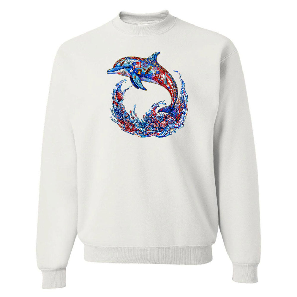 White sweatshirt with a colorful dolphin design on a white background