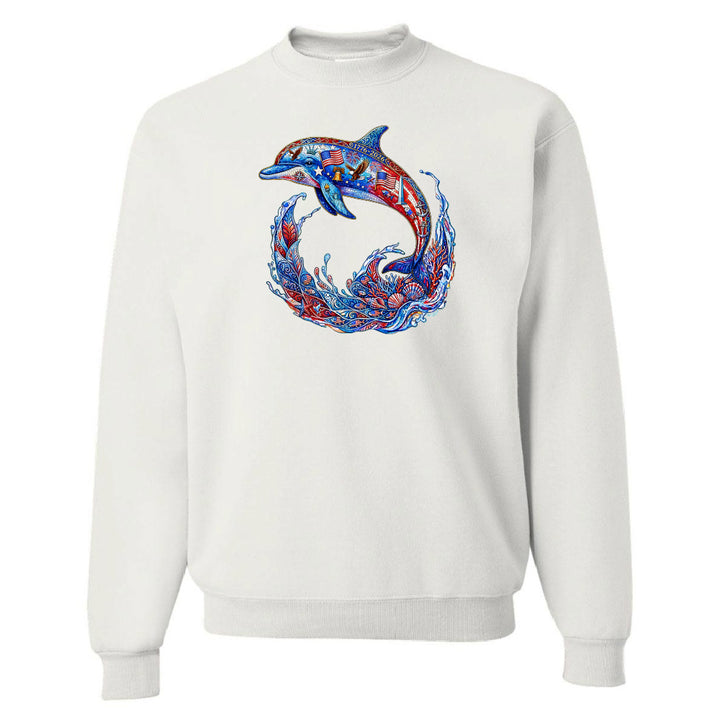 White sweatshirt with a colorful dolphin design on a white background