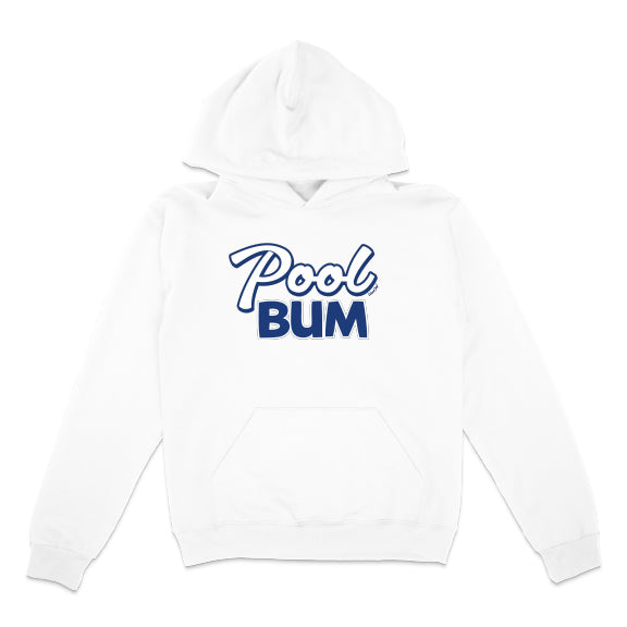 White hoodie with 'Pool Bum' text in blue on a white background
