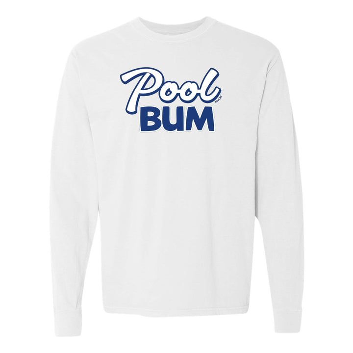 White long-sleeve shirt with 'Pool Bum' text in blue on a white background