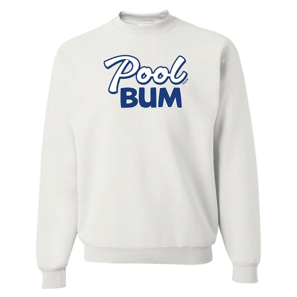 White sweatshirt with 'Pool Bum' text in blue on a white background