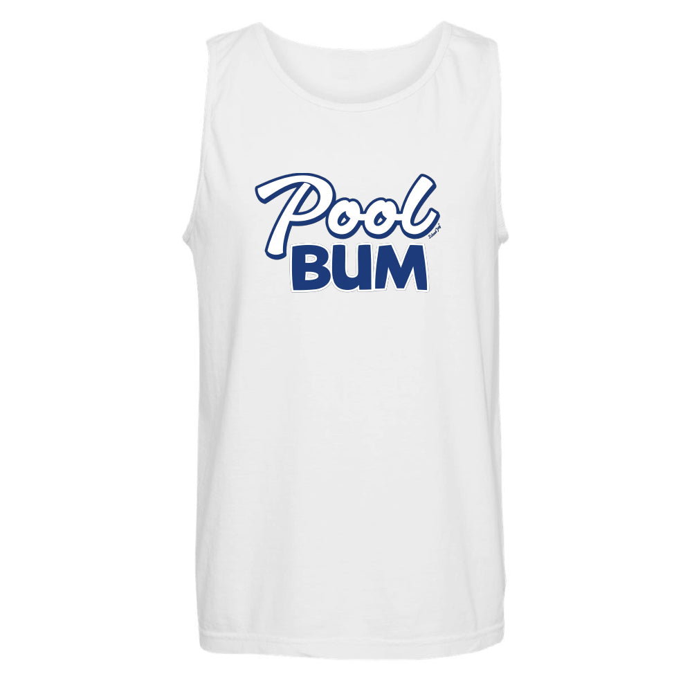 White tank top with 'Pool Bum' text on a white background