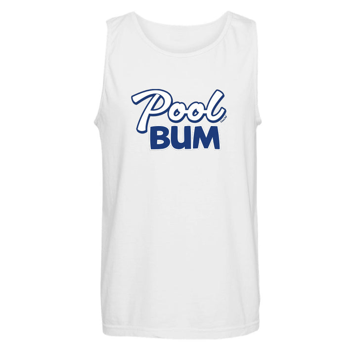 White tank top with 'Pool Bum' text on a white background