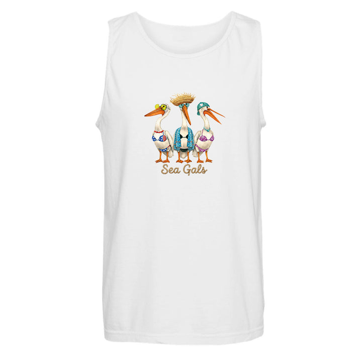 White tank top with a graphic of three pelicans and 'Sea Gals' text on a white background