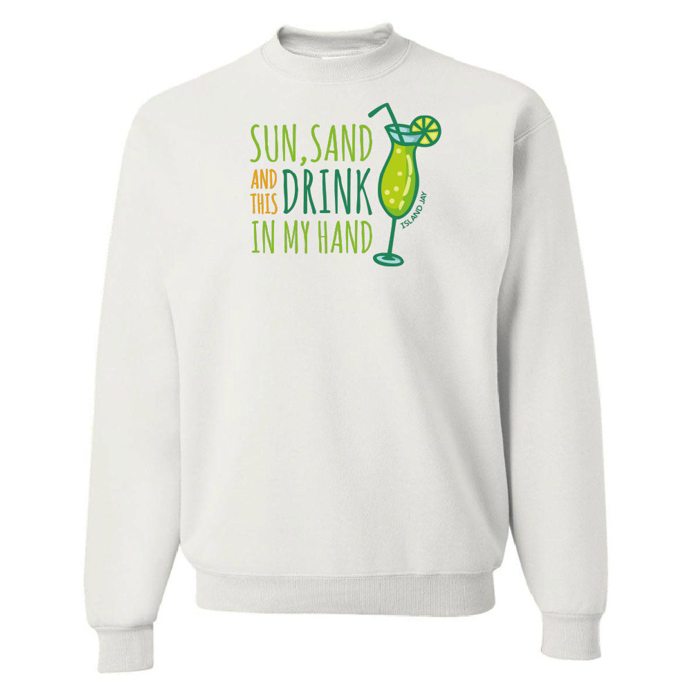 White sweatshirt with a graphic design and text on a white background
