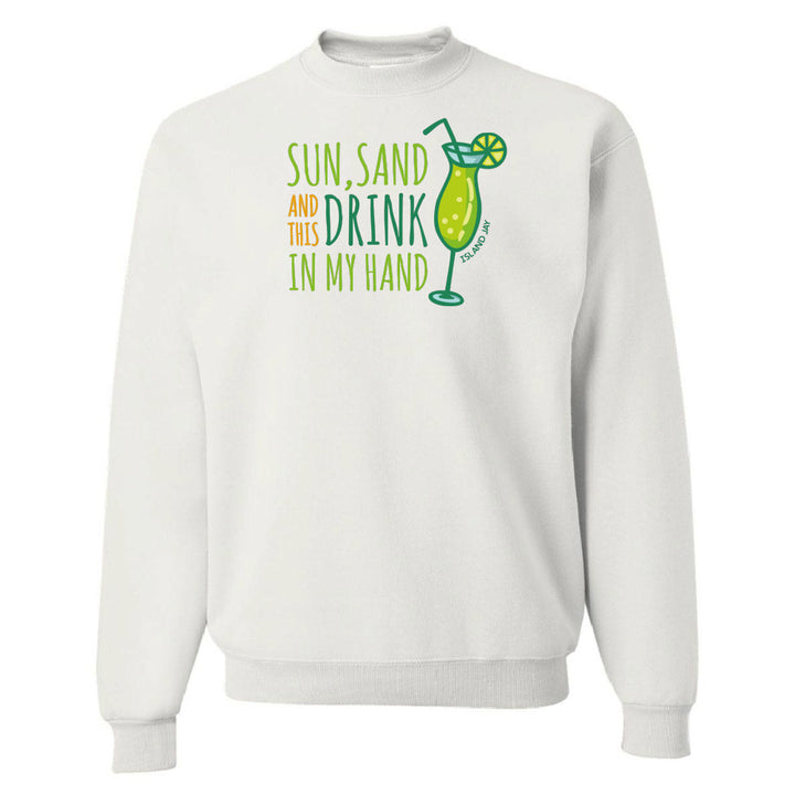 White sweatshirt with a graphic design and text on a white background