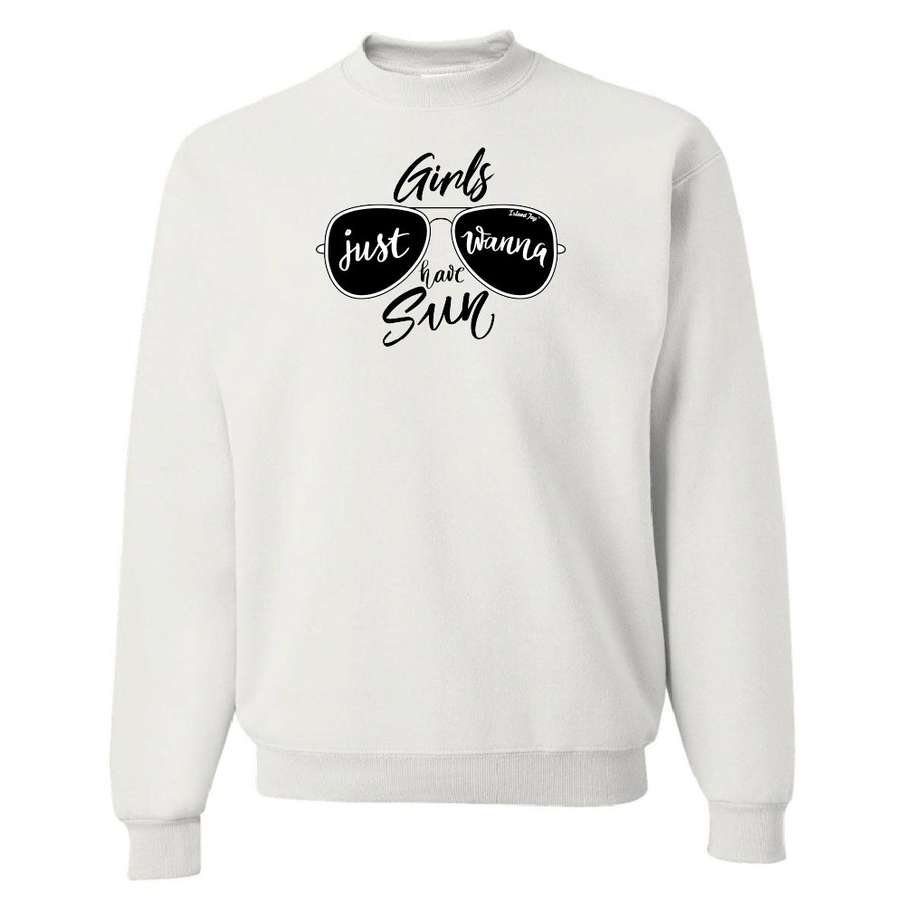 White sweatshirt with black text and sunglasses graphic on a white background