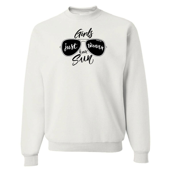White sweatshirt with black text and sunglasses graphic on a white background
