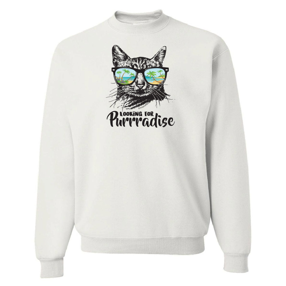 White sweatshirt with a cat graphic and 'Looking for Purradise' text on a white background