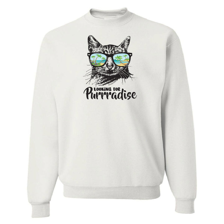 White sweatshirt with a cat graphic and 'Looking for Purradise' text on a white background