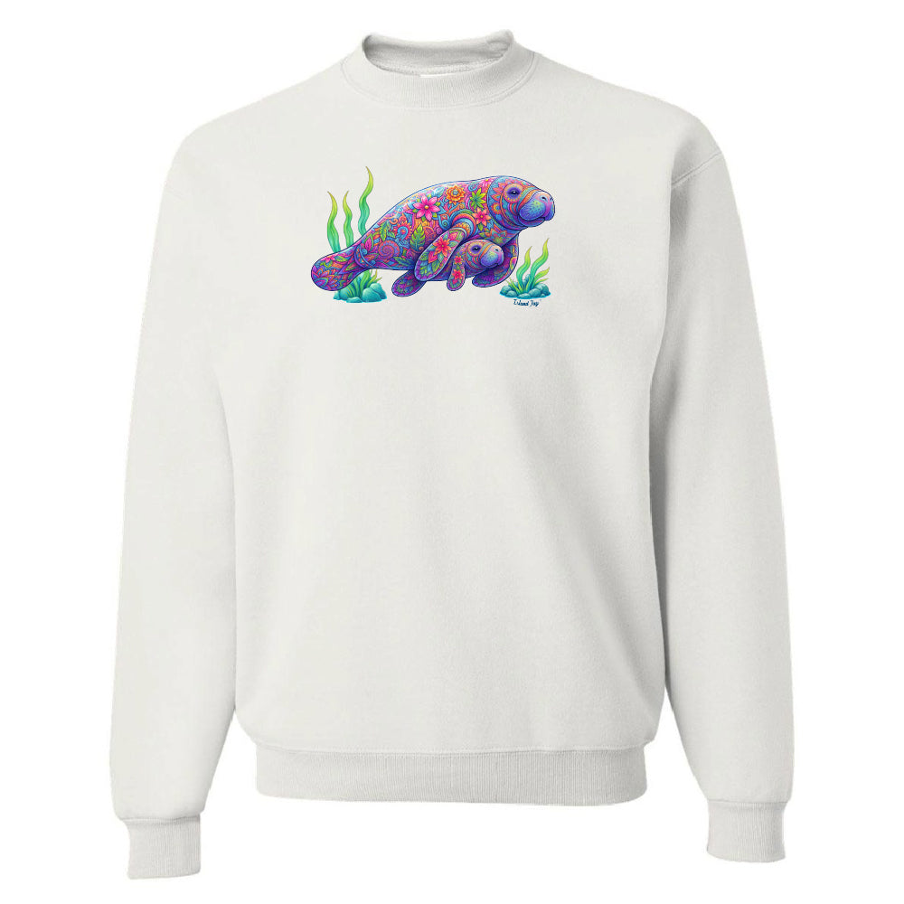 White sweatshirt with a colorful sea turtle design on a white background