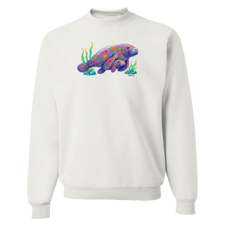 White sweatshirt with a colorful sea turtle design on a white background