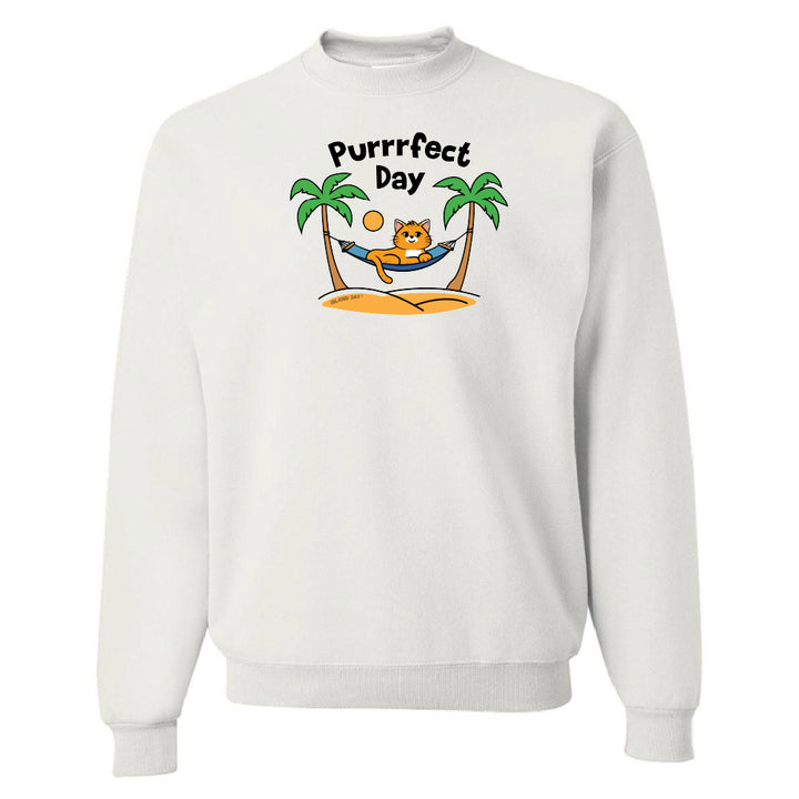 White sweatshirt with a 'Purrfect Day' graphic featuring a cat, palm trees, and a hammock on a white background.