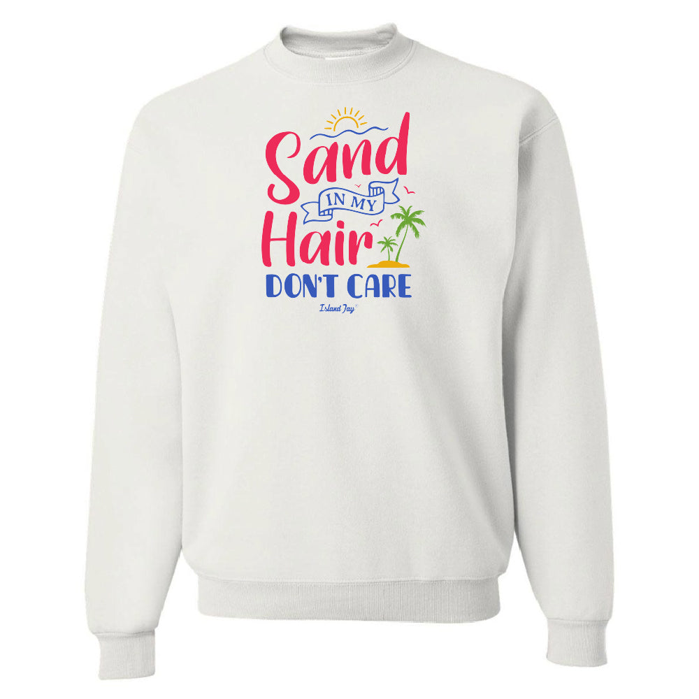 White sweatshirt with colorful text design on a white background
