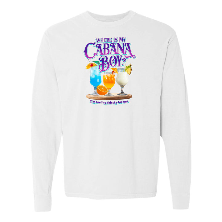 White sweatshirt with 'Where is my Cabana Boy?' text and drink graphics on a white background