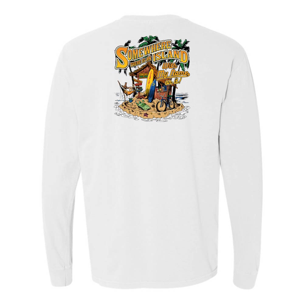 White long-sleeve shirt with a colorful graphic on the back featuring text and beach scene.