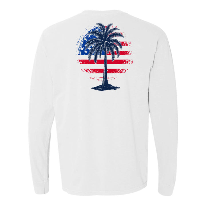 White long-sleeve shirt with a palm tree design on a white background