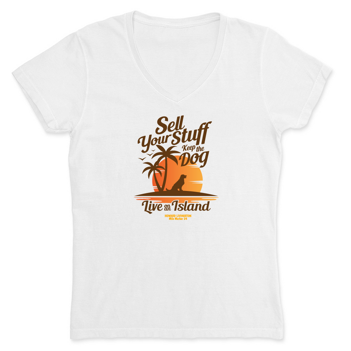 White t-shirt with a graphic design featuring palm trees and text on a white background