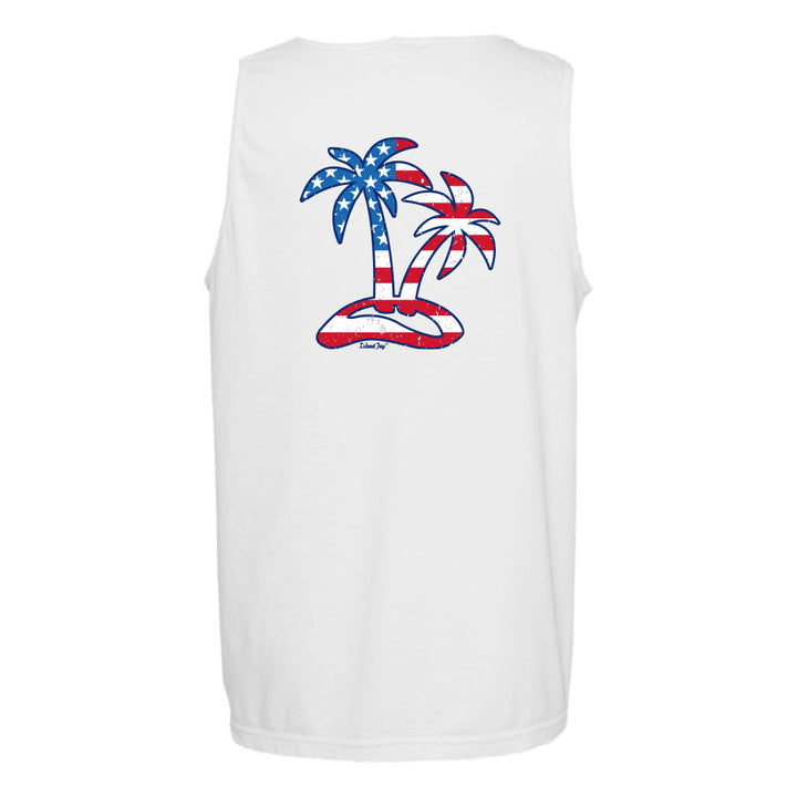White sleeveless shirt with American flag palm tree design on a white background