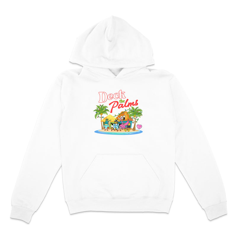White hoodie with 'Deck the Palms' graphic design on a white background