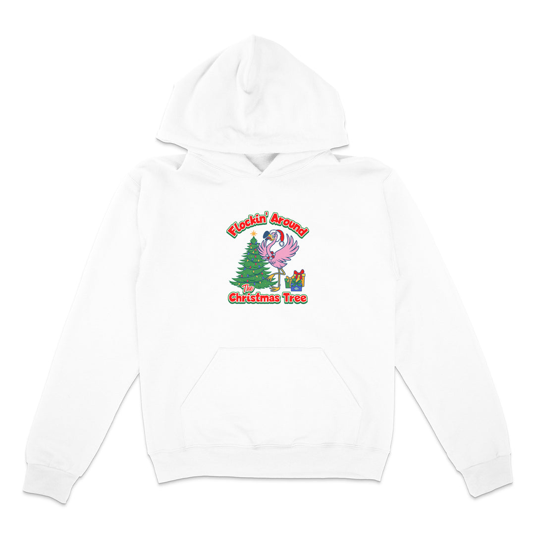 White hoodie with a colorful graphic of a flamingo and Christmas tree on a white background