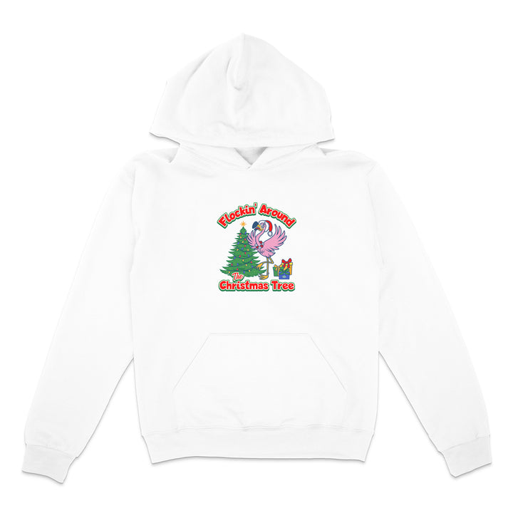 White hoodie with a colorful graphic of a flamingo and Christmas tree on a white background