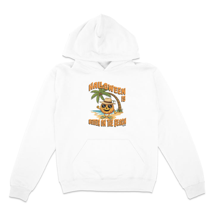 White hoodie with Halloween on the Beach design featuring a pumpkin and palm tree.
