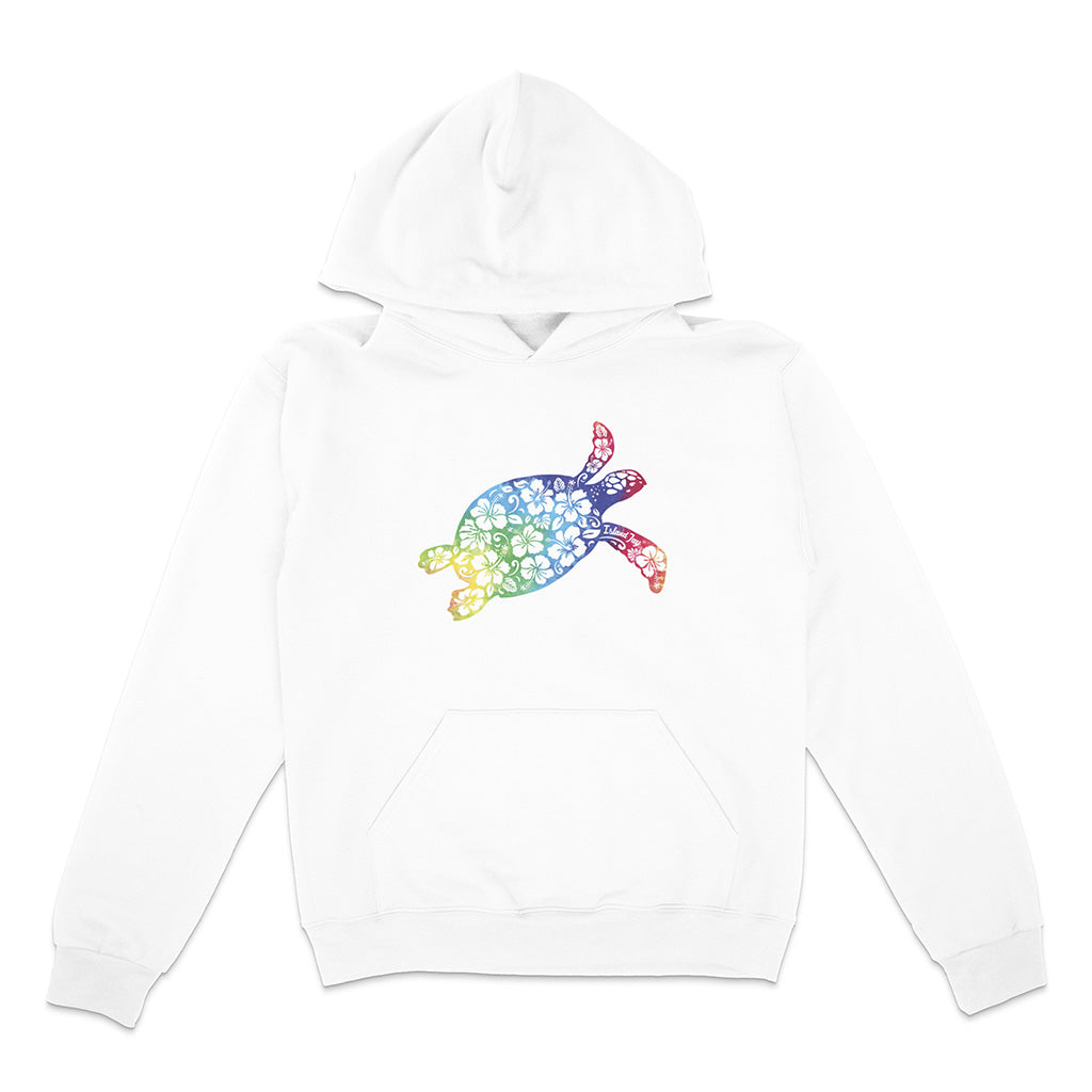 White hoodie with a colorful turtle design on a white background