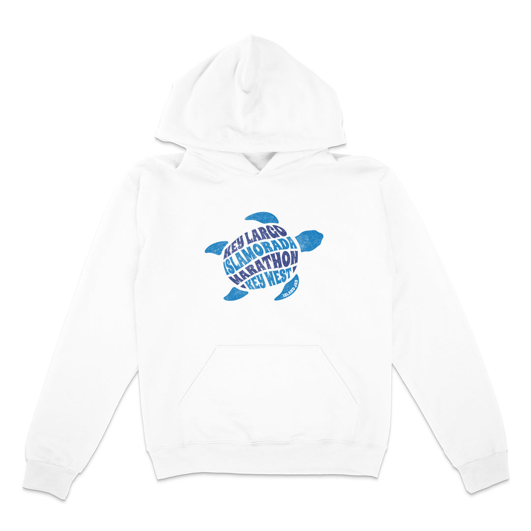 White hoodie with blue turtle graphic and text on a white background
