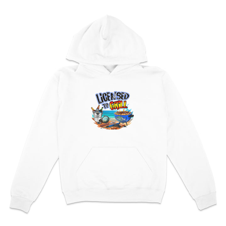White hoodie with 'Licensed to Grill' graphic design on a white background