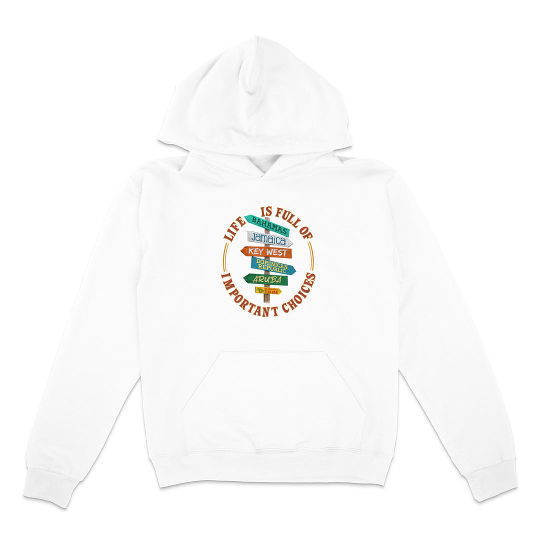 White hoodie with colorful graphic and text on a white background