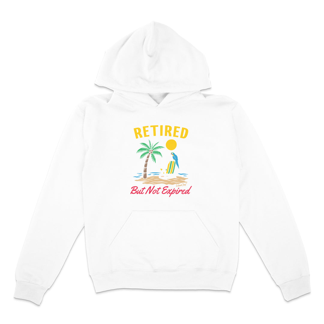 White hoodie with a graphic design and text on a white background