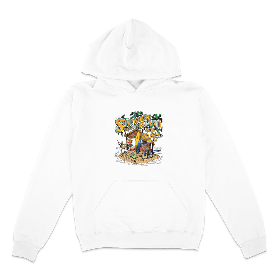 White hoodie with a graphic design on a white background