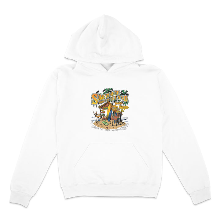 White hoodie with a graphic design on a white background