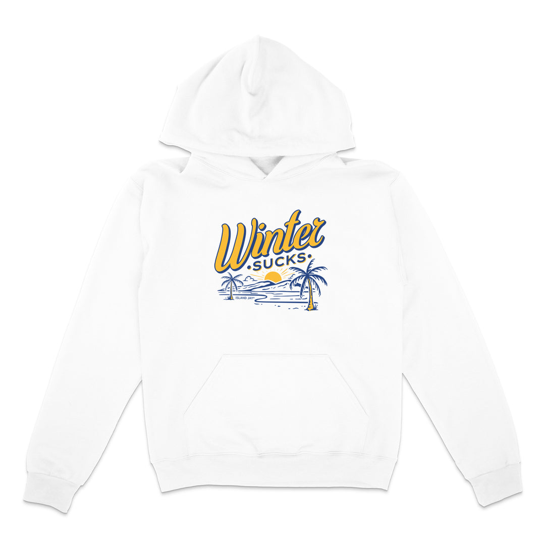 White hoodie with 'Winter Sucks' graphic design on a white background