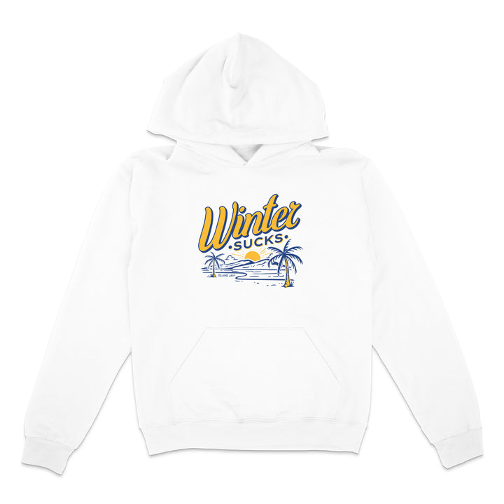 White hoodie with 'Winter Sucks' graphic design on a white background