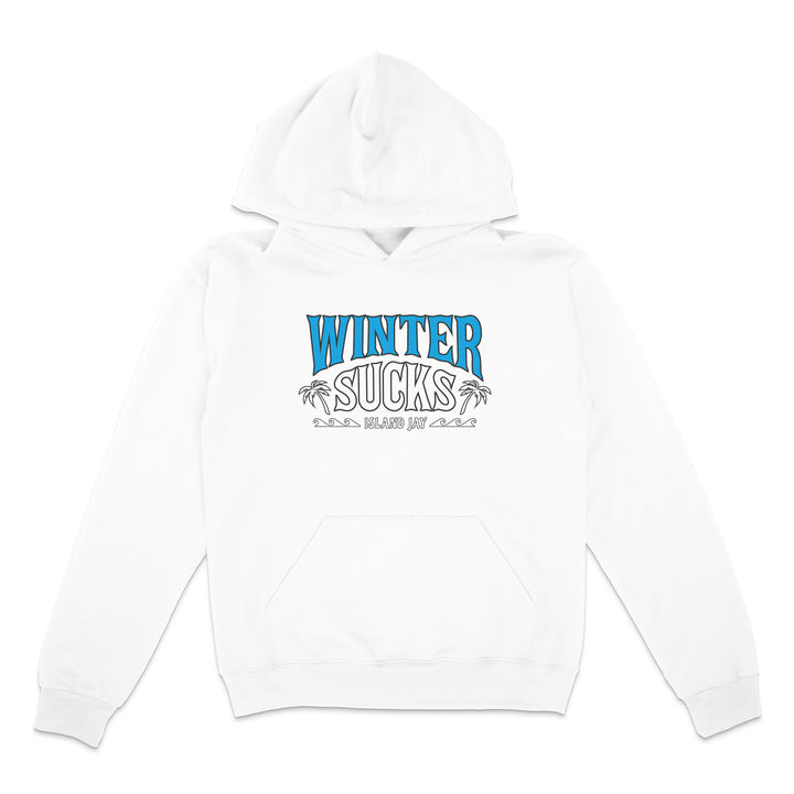 White hoodie with 'Winter Sucks' text on a white background