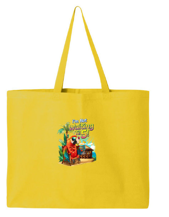 Yellow tote bag with a colorful design featuring a parrot and text on a white background