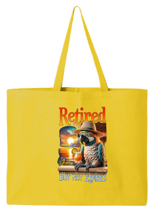 Yellow tote bag with a graphic of a parrot and text 'Retired but not expired' on a white background