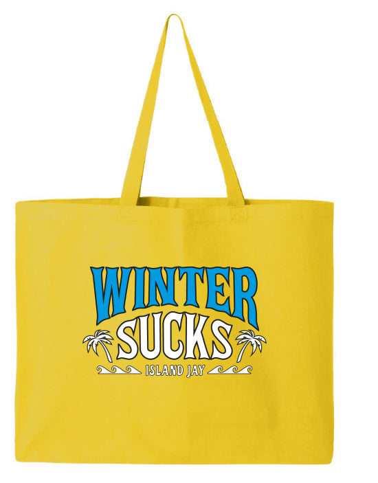 Yellow tote bag with 'Winter Sucks' text and palm tree graphics on a white background