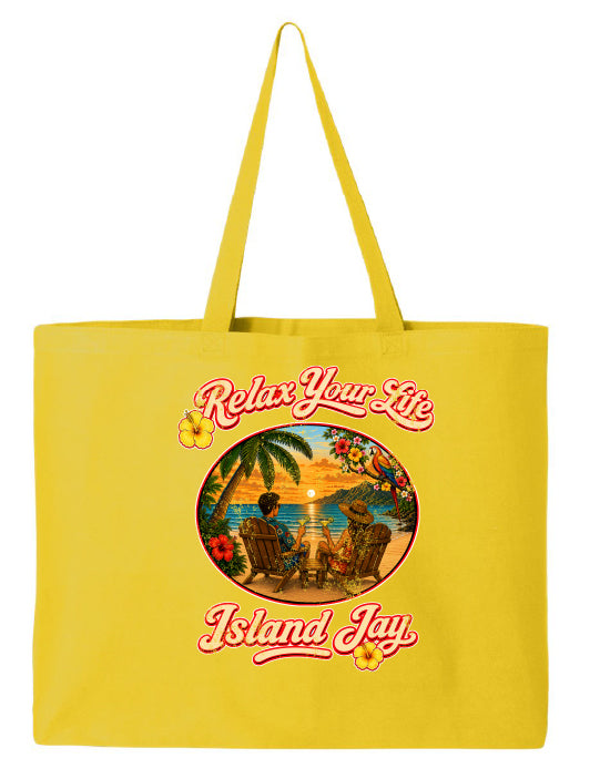 Yellow tote bag with 'Relax Your Life' and 'Island Jay' design on a white background
