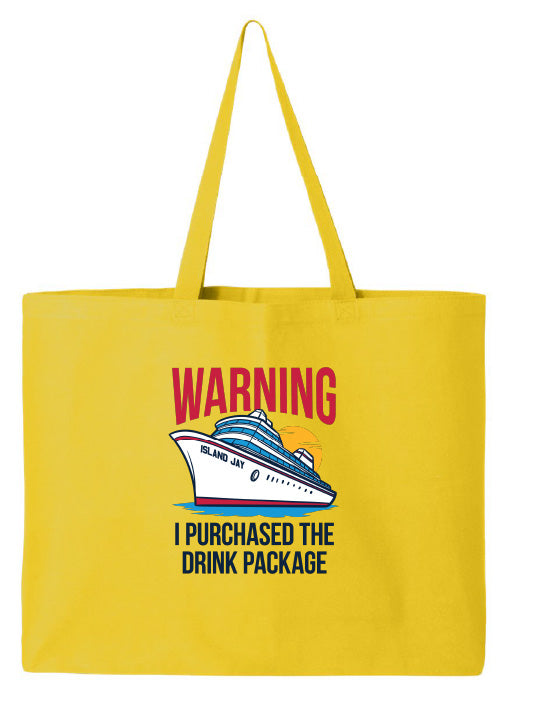 Yellow tote bag with a cruise ship graphic and text on a white background