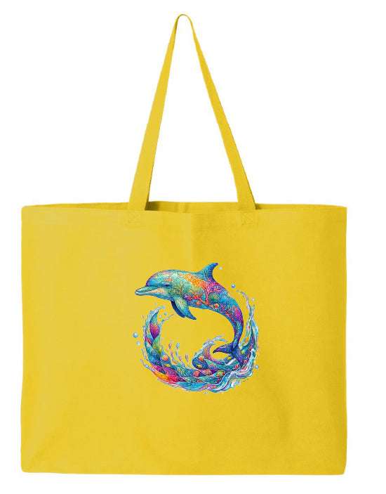 Yellow tote bag with a colorful dolphin design on a white background