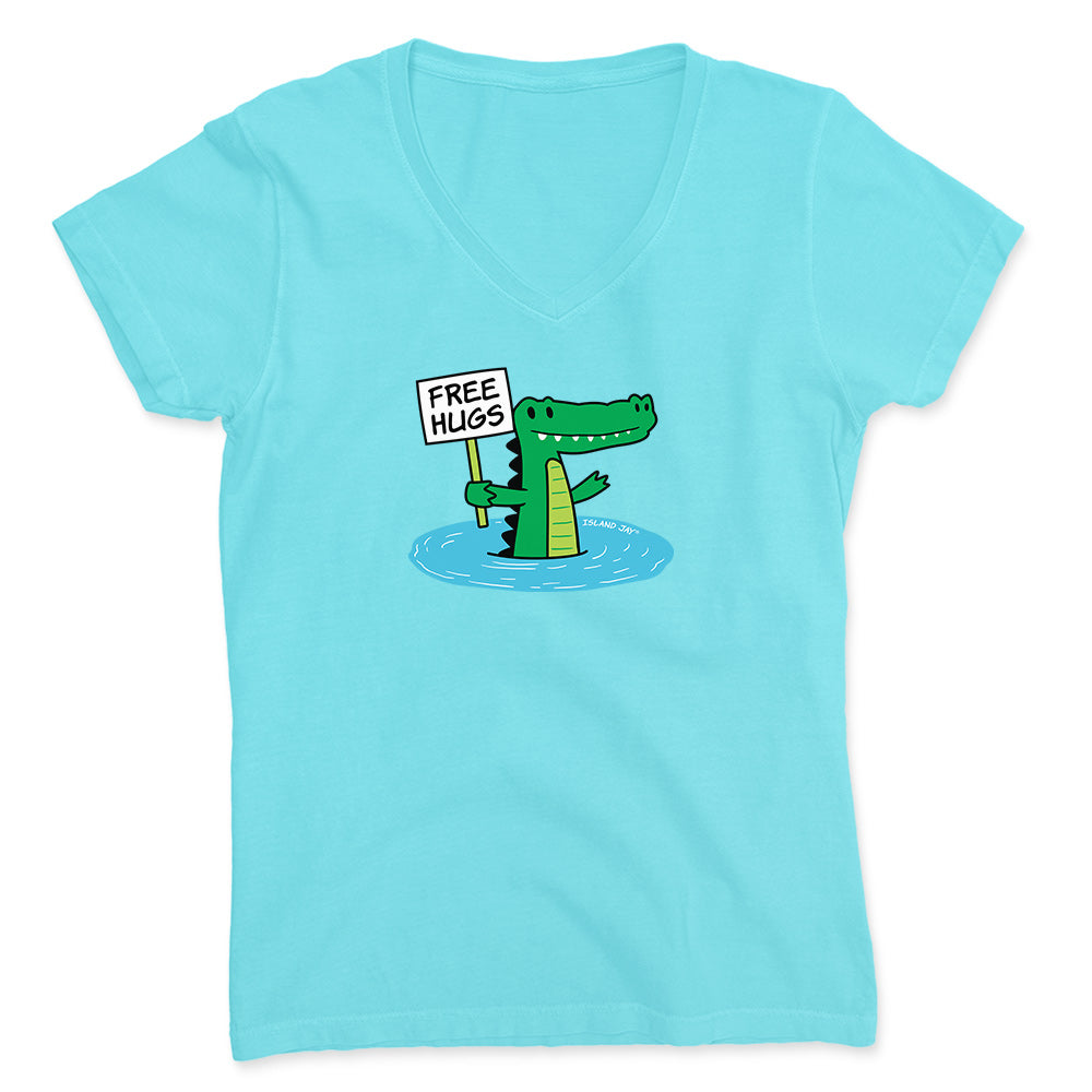Blue shirt with cartoon alligator graphic and text reading "Free Hugs".