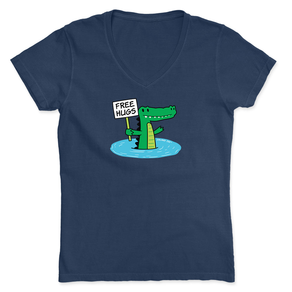 Navy shirt with cartoon alligator graphic and text reading "Free Hugs".