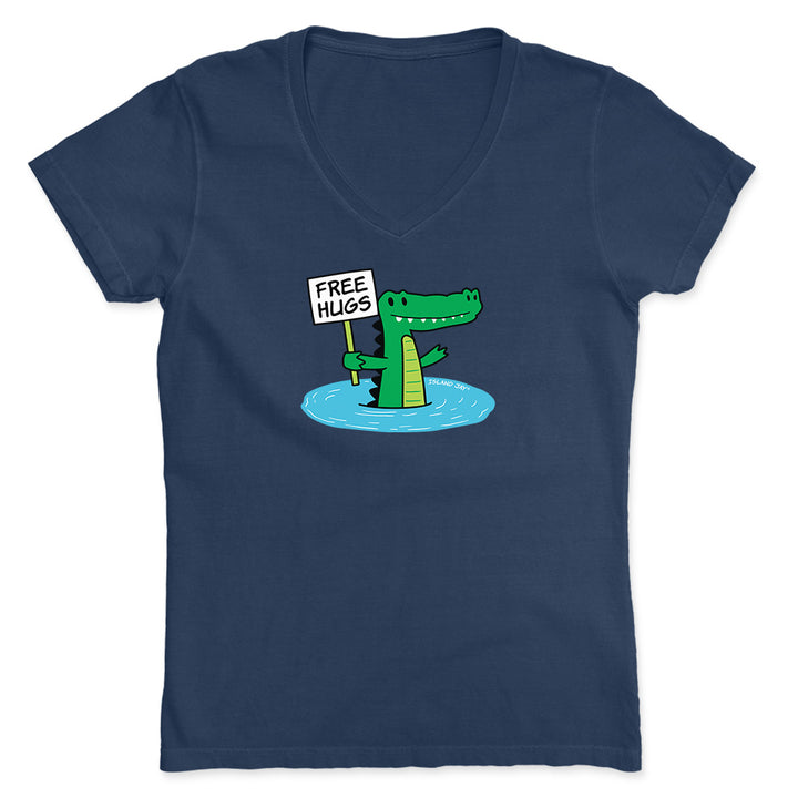 Navy shirt with cartoon alligator graphic and text reading "Free Hugs".