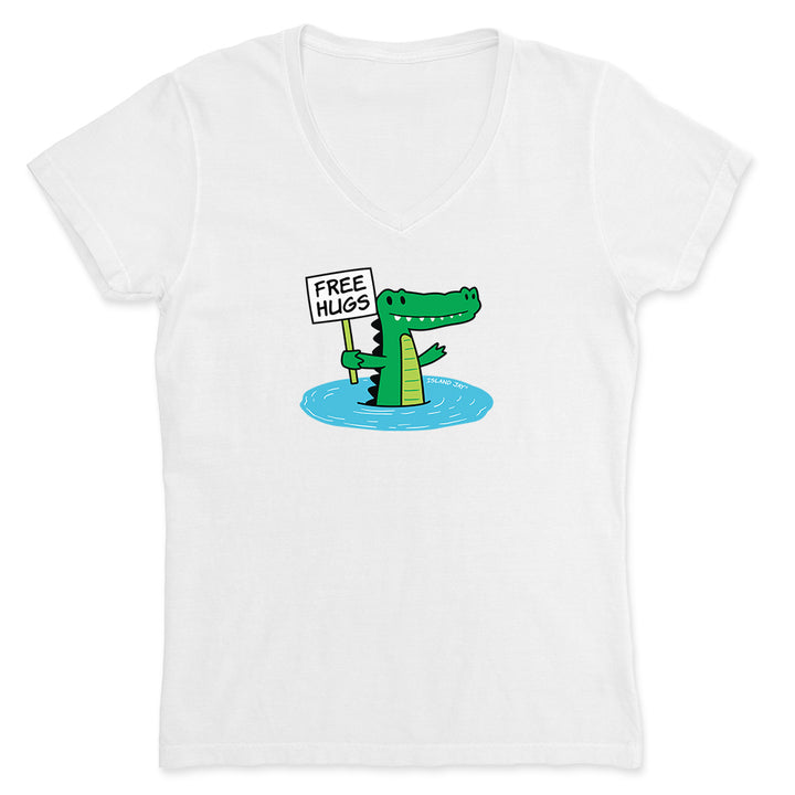 White shirt with cartoon alligator graphic and text reading "Free Hugs".