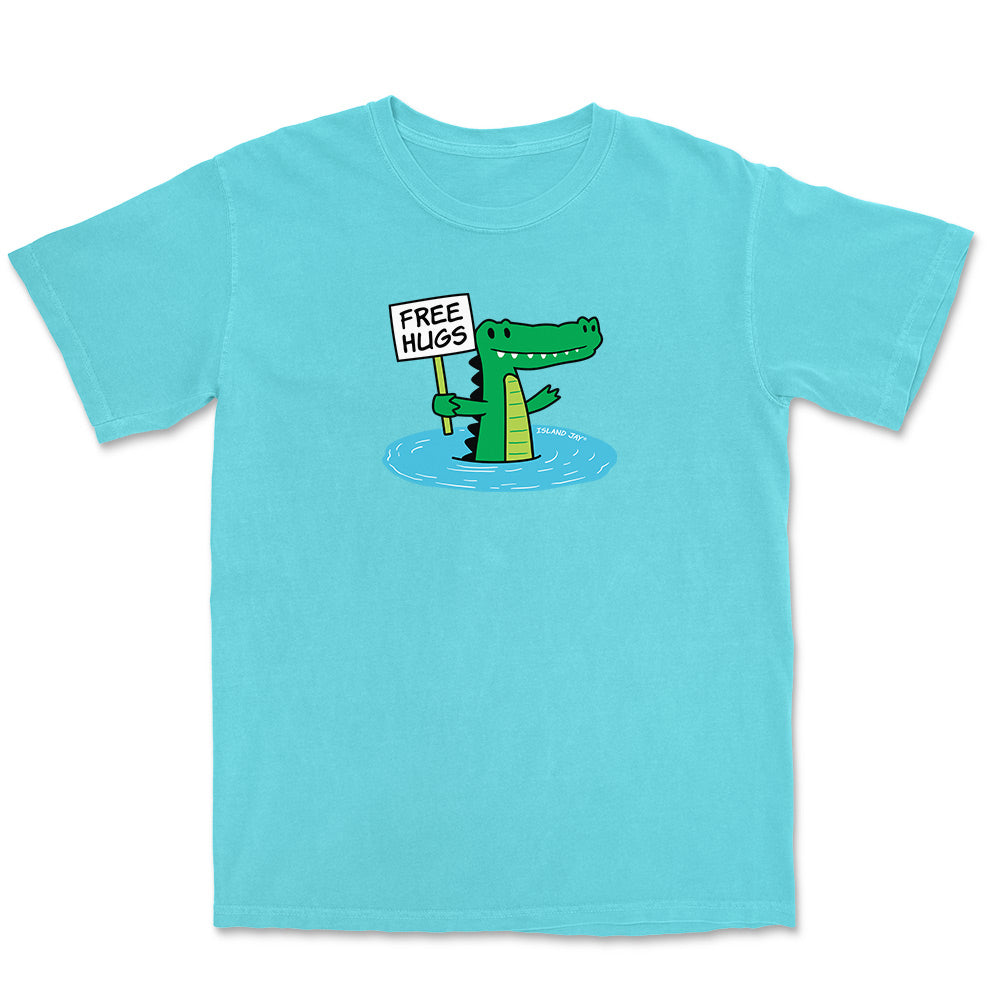 Blue T-shirt with alligator graphic and text reading "free hugs".