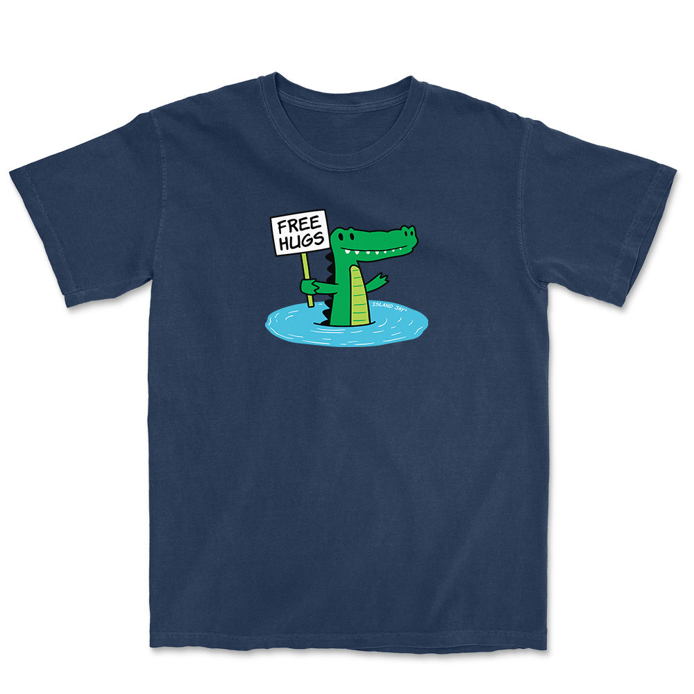 Navy T-shirt with alligator graphic and text reading "free hugs".